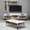 Ensemble de mobilier de salon moderne (3 pièces) | Finition blanche et noyer | Meuble télé (70,9 x 20,5 x 13,8 po), tablette murale (10,8 x 33,1 x 7,9 po), table basse (41,3 x 13,6 x 23,6 po) | Panneau de particules 100% enduit de mélamine | Design élégant et fonctionnel