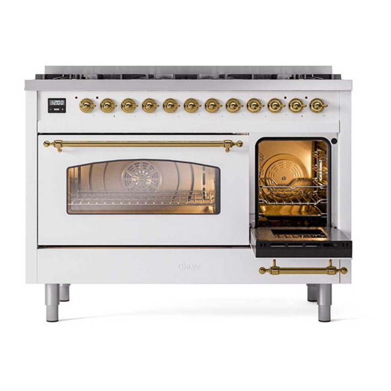 ILVE UPD406NMP Nostalgie II 48 inch Dual Fuel Range with 8 Total Black Brass Burners (Limited Edition), White, Natural Gas
