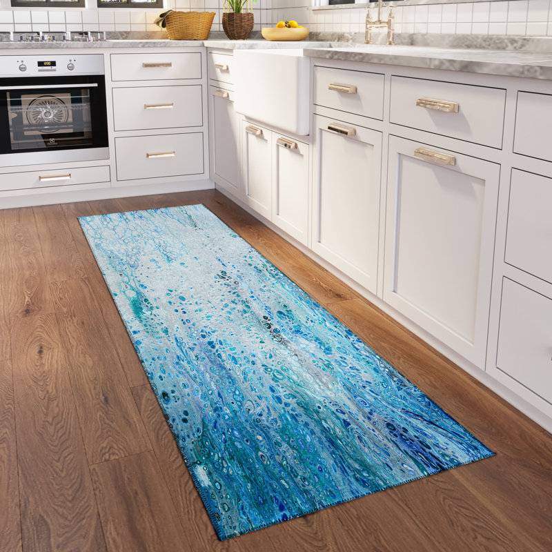 Tapis bleu abstrait tissé à la machine, Tapis de couloir 2 pi 3 po x 7 pi 6 po