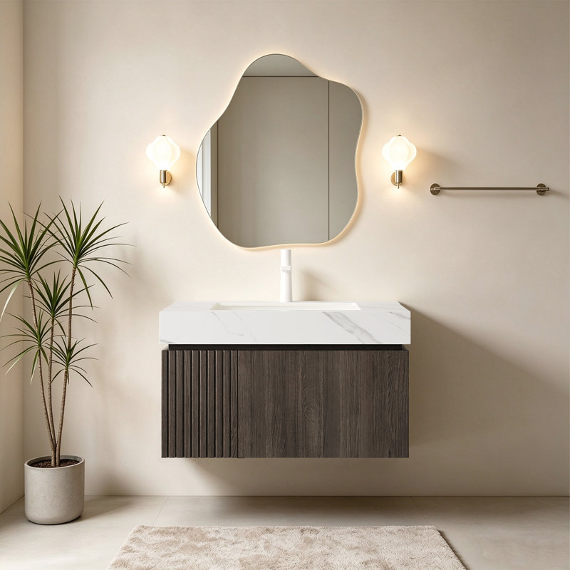 Meuble-lavabo suspendu de luxe de 91 cm (36 po) avec comptoir en pierre frittée et lavabo en céramique, style milieu du siècle.