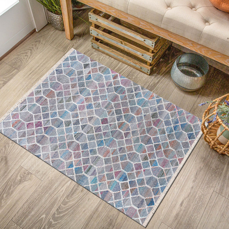 Tapis gris / bleu à motif géométrique tissé à plat à la main, Rectangle 2 pi x 3 pi