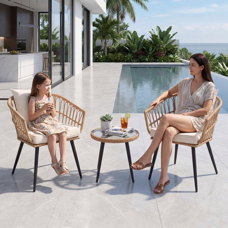 Ensemble de conversation de patio 3 pièces avec coussins, table d'appoint avec plateau en verre et structure en acier thermolaqué, rotin toutes saisons, idéal pour le balcon et la cour