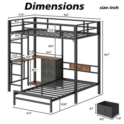 Lit superposé avec table pliante, 3 tiroirs de rangement, en métal, pouvant accueillir un lit simple, équipé de lumières DEL et de stations de charge, lit superposé avec garde-corps et échelle, peu encombrant, noir.