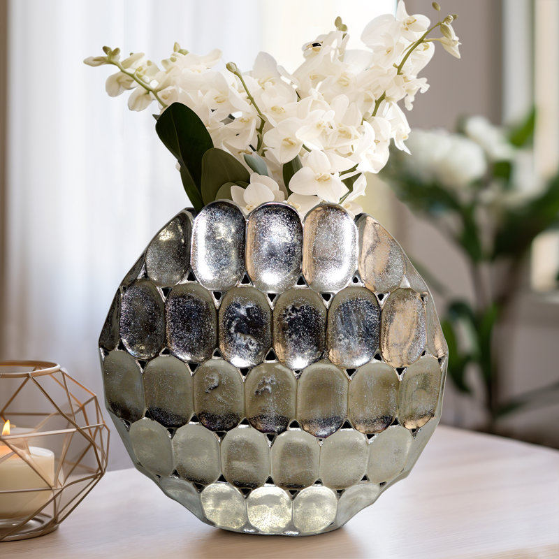 Metal Aluminum Vase Modern Rounded Geometric Sculptural Design Contemporary Decorative Accent Piece for Living Room Entryway Shelf Tabletop Office Home Decor Interior Styling Arrangement Display