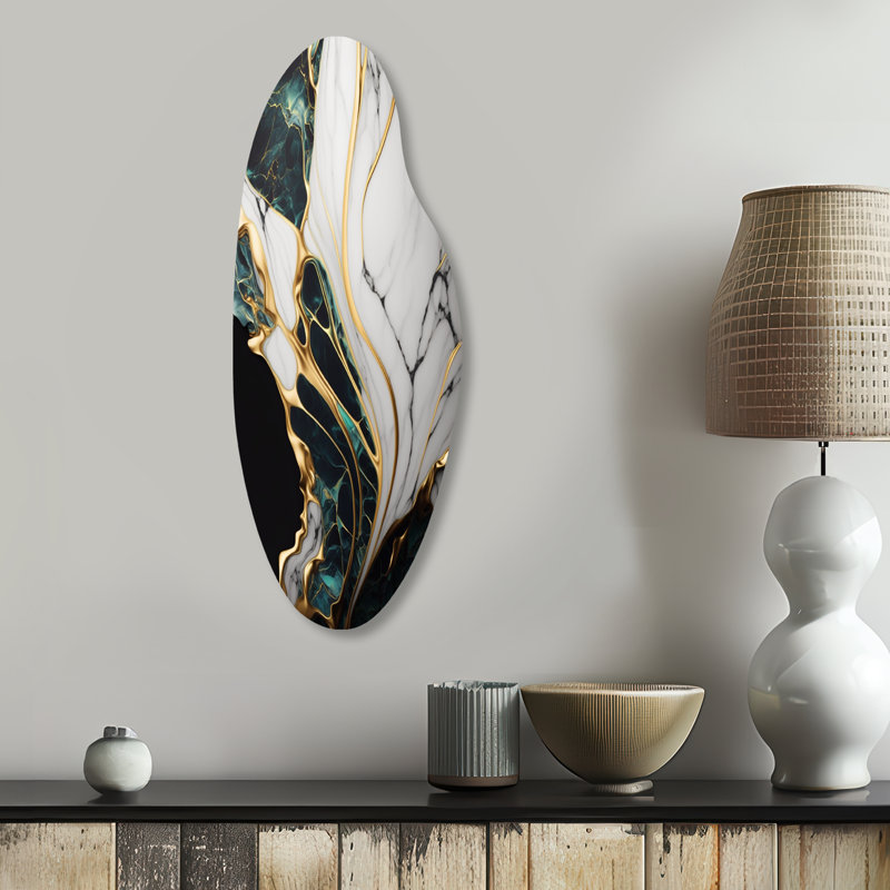 «Abstract Geode Gold and Green Marble III», art mural abstrait en métal incurvé, sculpture murale asymétrique en métal