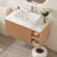 Meuble-lavabo simple mural de 30 po avec lavabo vasque en céramique, comptoir en pierre frittée et armoire en bois cannelé, finition chêne rétro, 2 portes à fermeture en douceur et tablettes ouvertes-610633039-733914450
