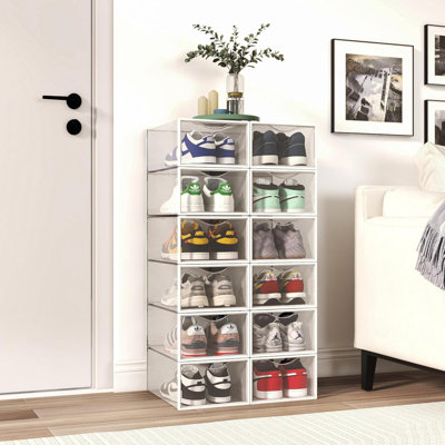 12 Pack Shoe Storage Bins, Clear Plastic Stackable Shoe Organizer For Closet, Space Saving Foldable Shoe Rack, Shoe Box Sneaker Holder Container