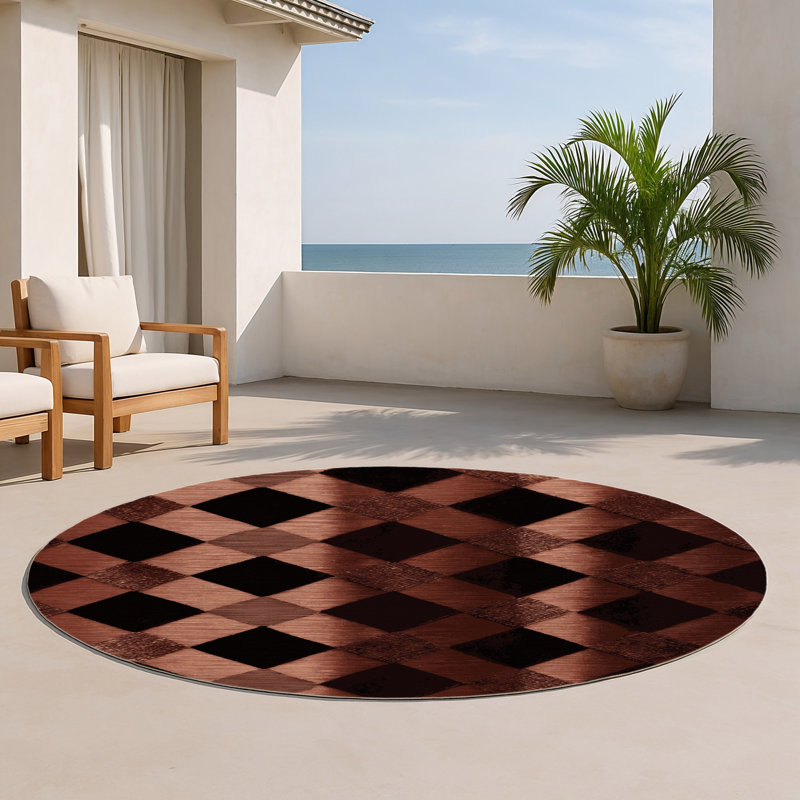 Tapis d'intérieur et d'extérieur à carreaux brun, Rond 5 pi