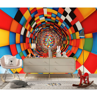 Colorful 3D Tunnel Wall Mural – Kids Room Optical Illusion Wallpaper Vn912 (Non-Woven) VN912