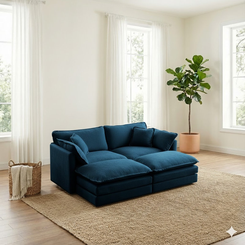 Comfy Modular Coush Loveseat Sofa With 2 Ottoman, Blue