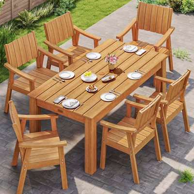 Outdoor Table And Chairs For 6, Patio Dining Set With Umbrella Hole, Weather Resistant Patio Furniture For Lawn, Garden, Backyard, Poolside