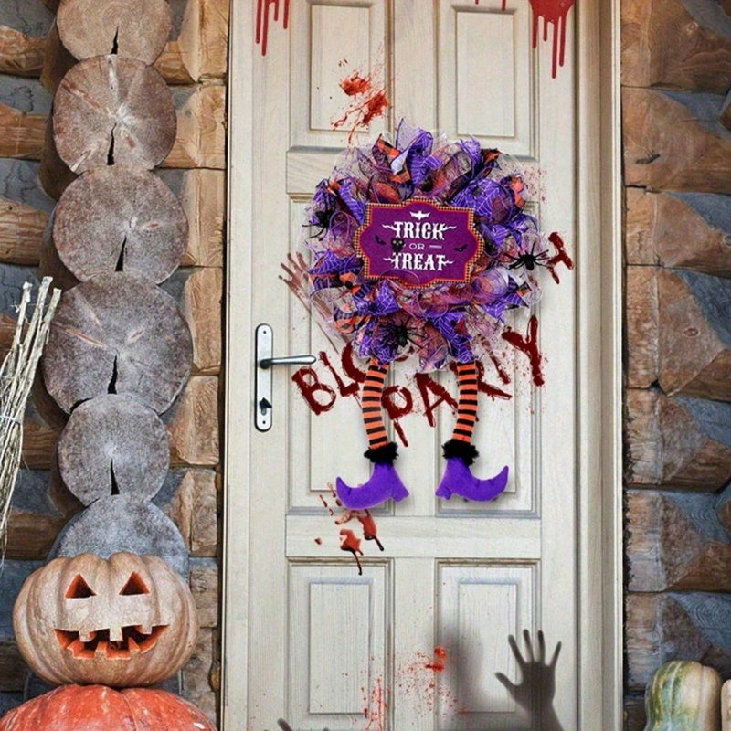 Couronne d'Halloween pour porte d'entrée - Couronne de maille artificielle sur le thème de la sorcière avec chapeau et pieds, parfaite pour la décoration extérieure; Convient pour Halloween, l'Action de grâce et l'automne