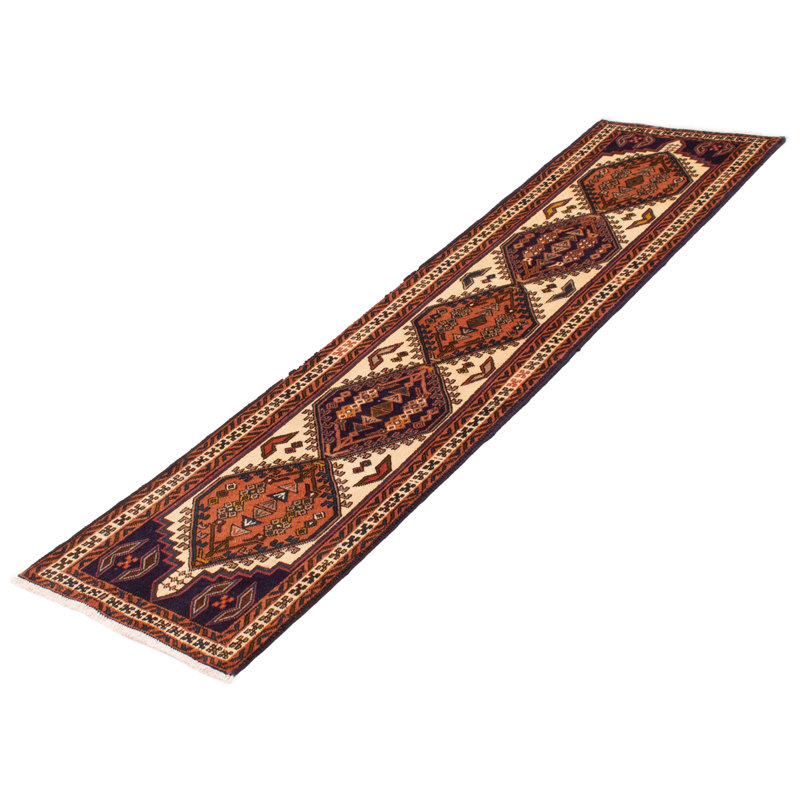 Tapis de couloir unique en laine noué à la main de style nouvel âge 2 pi 3 po x 9 pi Jesse-James crème / brun / bleu marine foncé