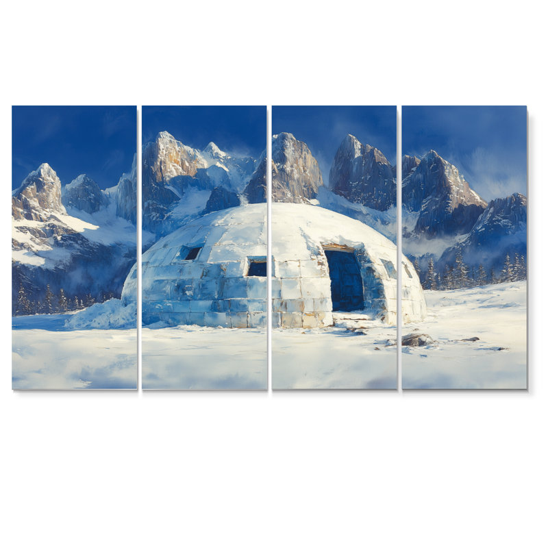 Igloo dans des tons bleus et blancs - ensemble d'art sur toile paysage d'hiver, H 32 po x l 64 po