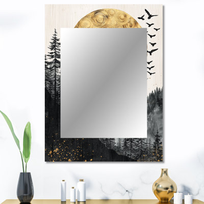 Corbeau gothique sous une lune dorée III - miroir décoratif corbeau, miroir mural moderne, impression d'art en métal
