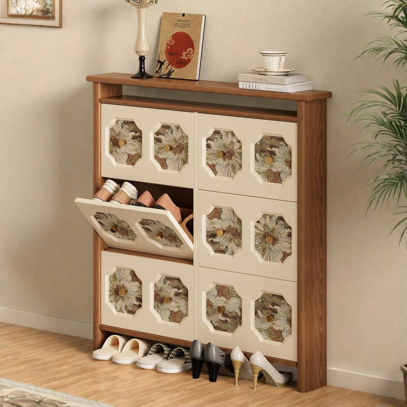 Retro Solid Wood Flip Down Printed Shoe Cabinet