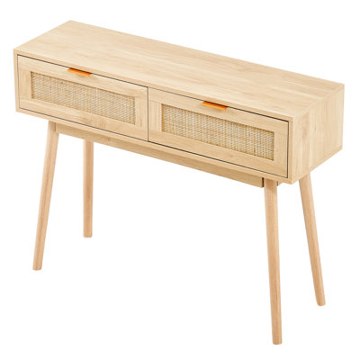 Rattan Console Table With 2 Storage Drawers, Rattan Entryway Table With Natural Rattan Sliding Door, Console Sofa Table For Living Room, Study, Entryway Or Tv Wall, Natural