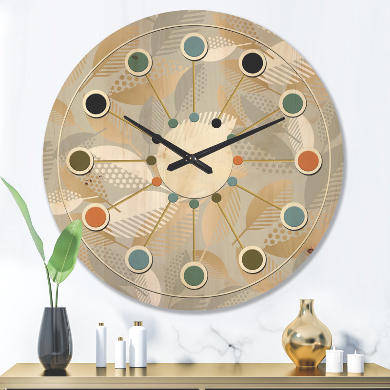 Horloge murale Mid-Century moderne en bois - Motif géométrique luxueux de feuilles d'automne, Grand
