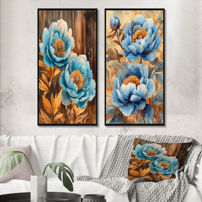 Pivoines bleues dans la basse-cour III - Art mural floral 2 pièces