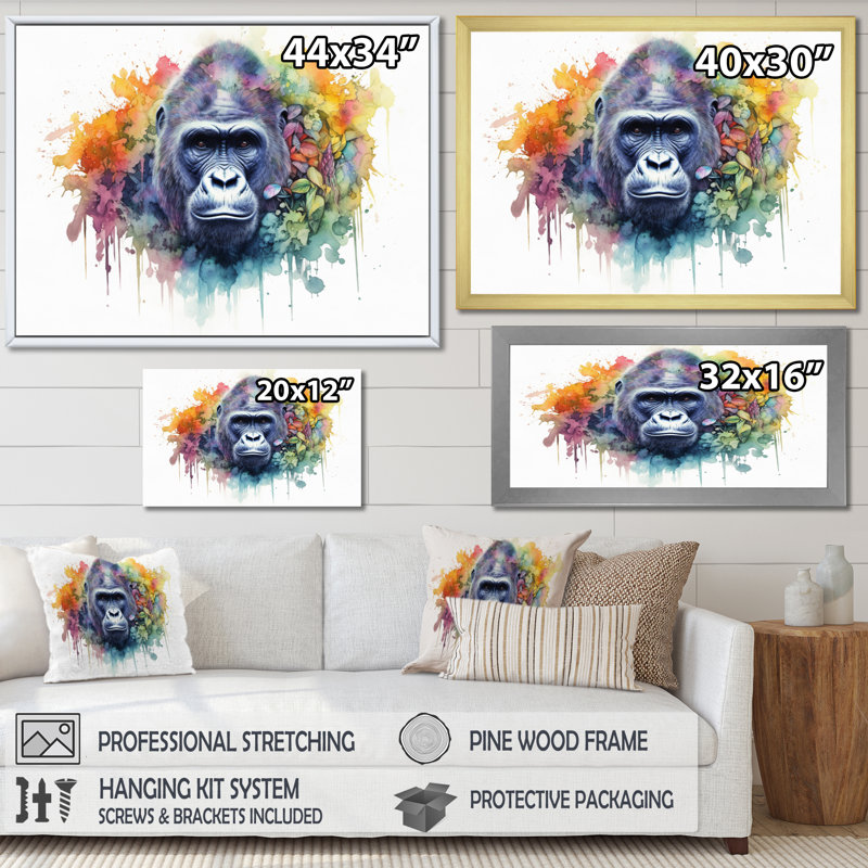 «Colorful Gorilla I» sur toile, H 30 po x l 40 po x P 1,5 po, Cadre flottant noir