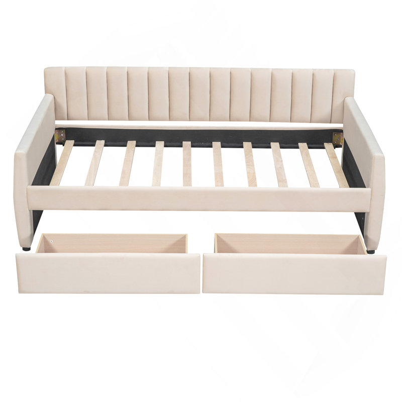Twin Size Upholstered daybed with Drawers, Wood Slat Support, Beige, Beige