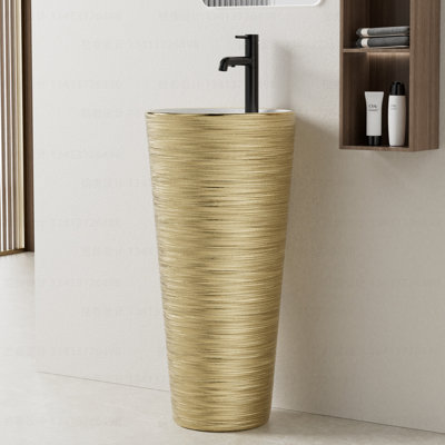 33" Tall Vitreous China Circular Bathroom Pedestal Sink with Overflow, Modern One-piece Pedestal Sink