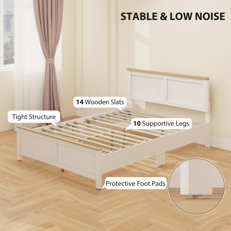 Full Size Bed Frame with Headboard and Footboard, Full Platform Bed Frame with Wooden Slats, Under-Bed Storage, No Box Spring Needed, Easy Assembly, White