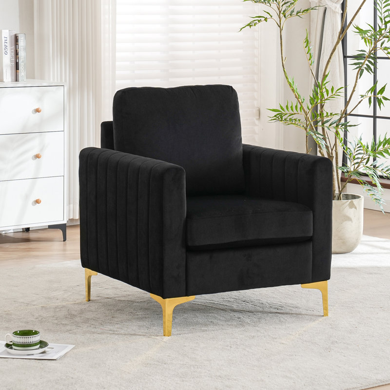 Velvet Accent Chair With Gold Metal Legs Comfy Reading Chair For Living Room, Black