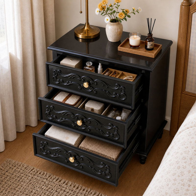 Table de chevet traditionnelle à 3 tiroirs de 23,6 po de largeur avec façades à volutes, noir, Noir