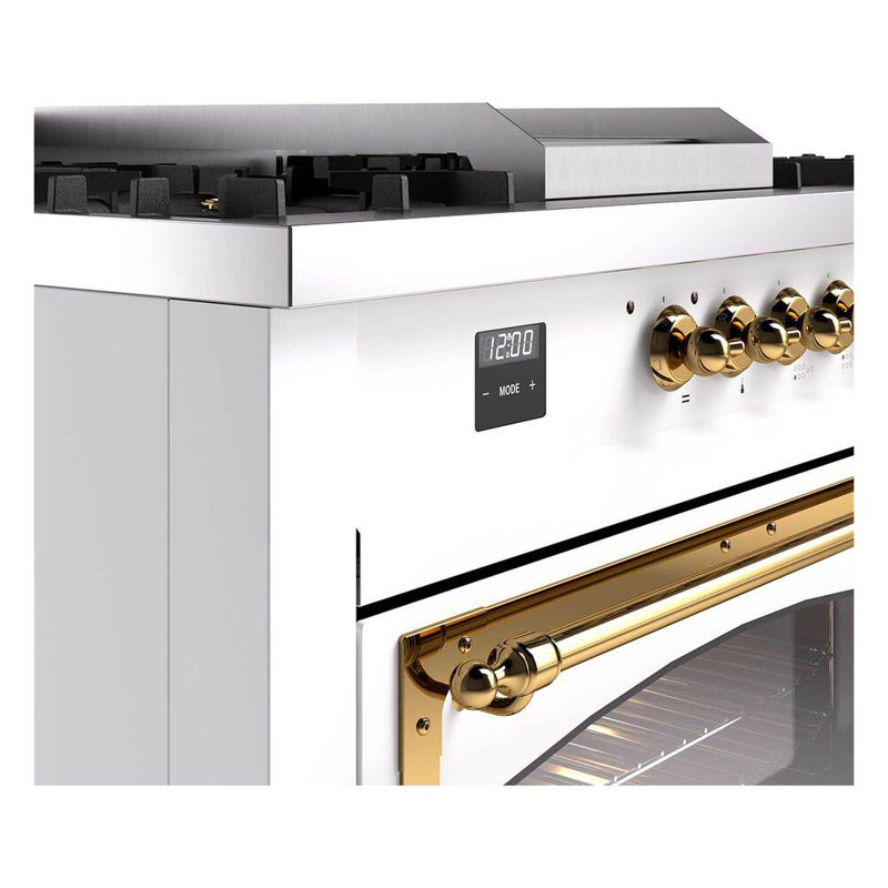 ILVE Nostalgie II Noblesse 60 in Dual Fuel Range 7 Burner, Griddle, Frenchtop, White/Brass, Liquid Propane
