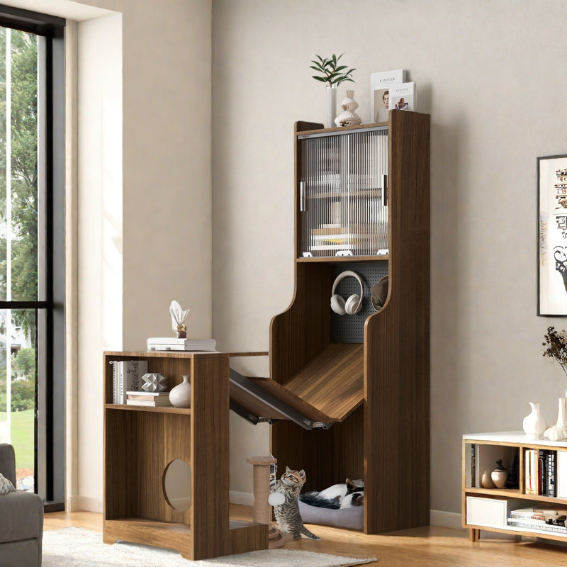 Mid-century Multi-use Extenable Cabinet Desk With Storage Peg Board, Storage Cabinet With Sliding Glass Doors, Led Light, Free Cat Cushion And Cat Toy