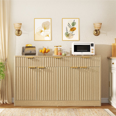 55” Fluted Sideboard, Buffet Cabinet, Modern Coffee Bar Wine Bar With 3 Drawers & 4 Doors