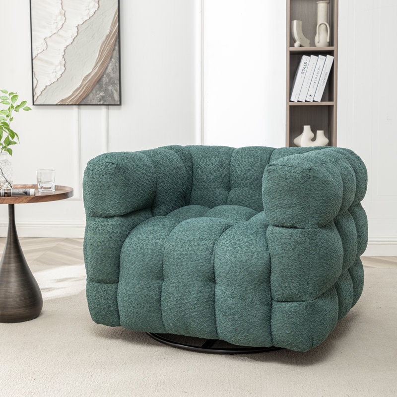 Avdul 38" Wide Tufted Swivel Chair with Square Arm, Dark Green Boucle