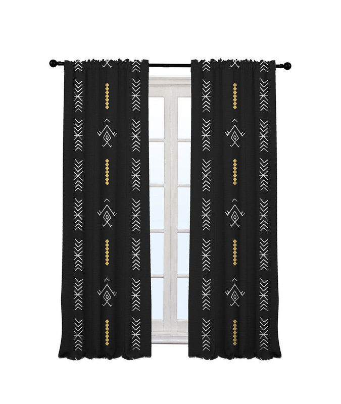 Boho Pattern Lined Single Panel Curtain, 140cm Width x 275cm Drop, Black