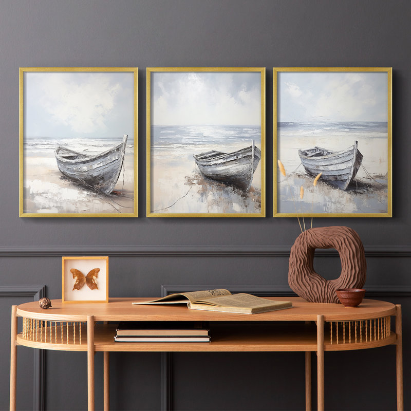 Série Sea and Shore CXIX - Ensemble de 3 estampes numériques encadrées - Prêt à être accroché, Cadre doré, H 28 po x l 22 po