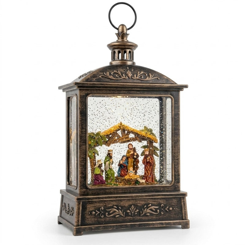 Musical Nativity Christmas Snow Globe Lantern with Swirling Glitter