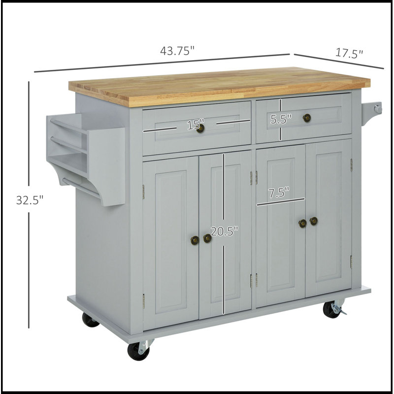 Kitchen Island On Wheels, Rolling, Rubberwood Top, Spice Rack, Towel Rack, Drawers, Gray