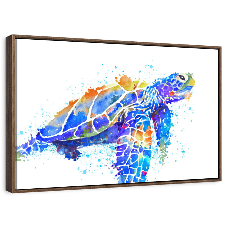 Aquarelle de tortue de mer, 46 po x 31 po, Cadre flottant noyer
