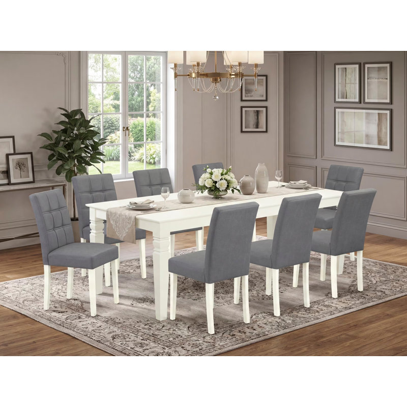9 Piece Dining Table Set Includes A Wooden Table and 8 Platinum Gray Polyester Fabric Dinner Chairs with Stylish Back- Linen White Finish