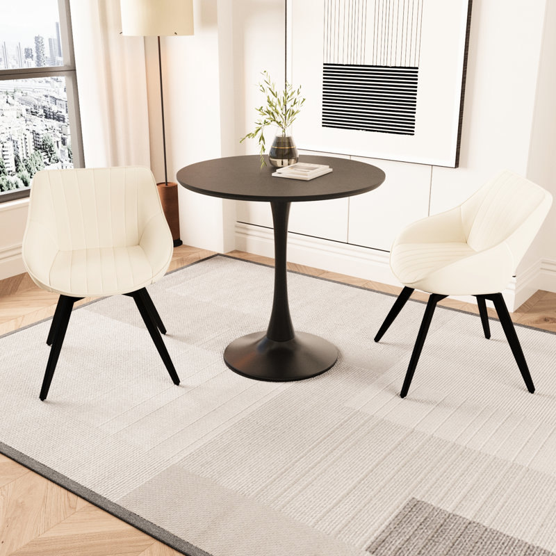 2 - 4 Person Dining : 31.5" Black Round Tulip Table And Pu Chairs, Modern Mid Century Appeal Kitchen Comfortable Synthetic Leather Look
