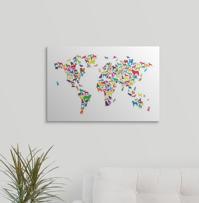 «Dogs Map of the World Map» par Abarca, impression, H 20 po x l 30 po x P 1,5 po, Toile