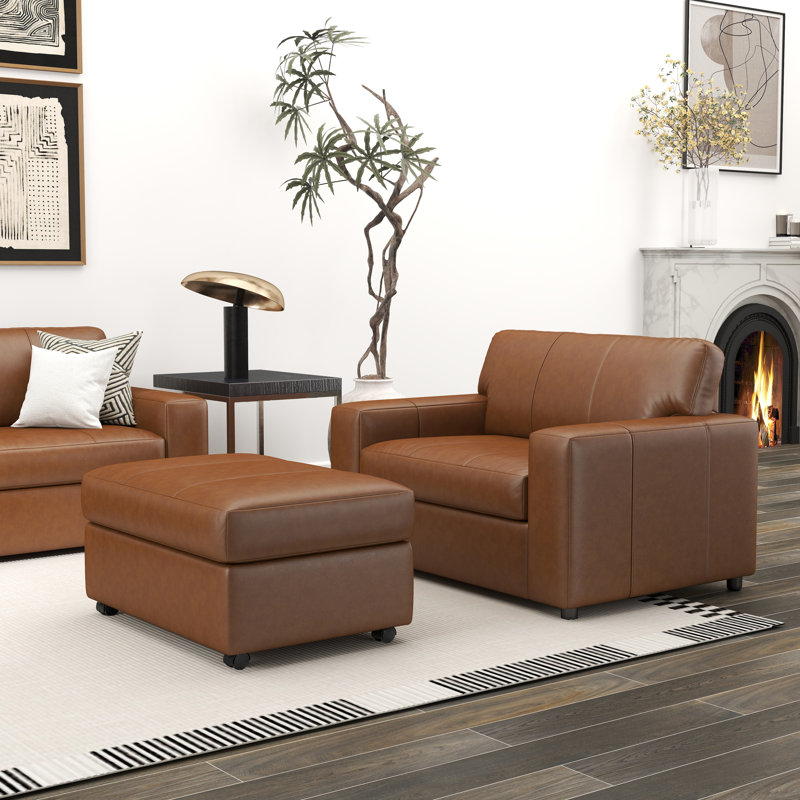 Caro Espinoza Leather Upholstered 2-Piece Living Room Set, Cutler Chair And Ottoman, Brown