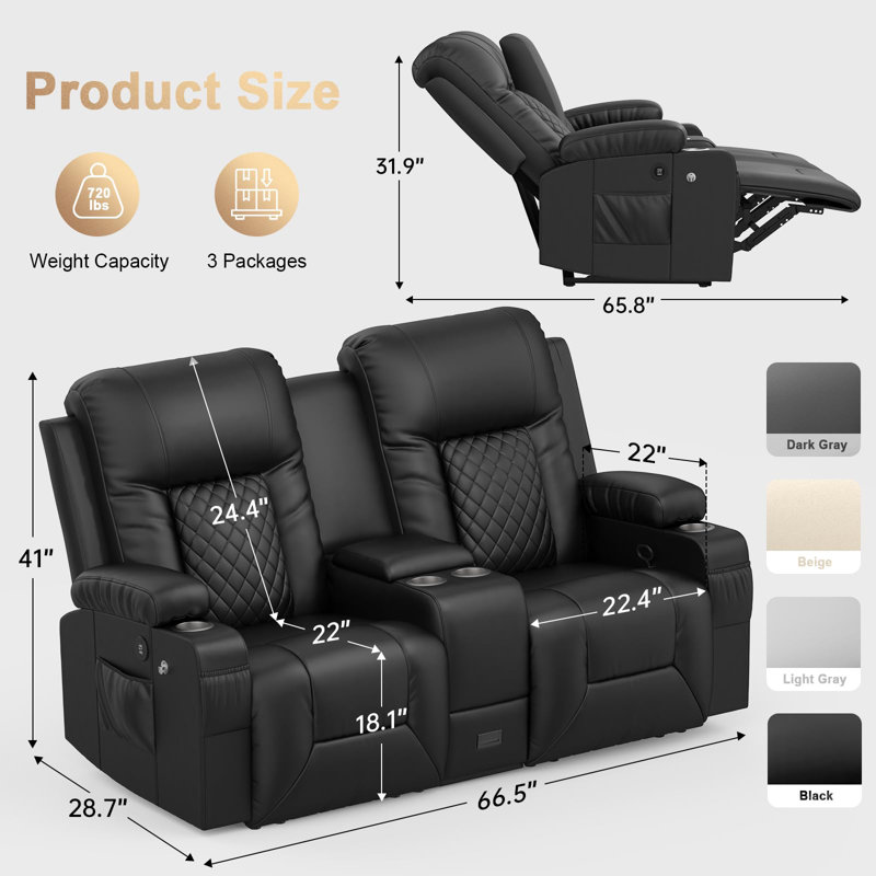 Home Theater Loveseat Recliner with Storage, USB Charging, and Cup Holders, Black
