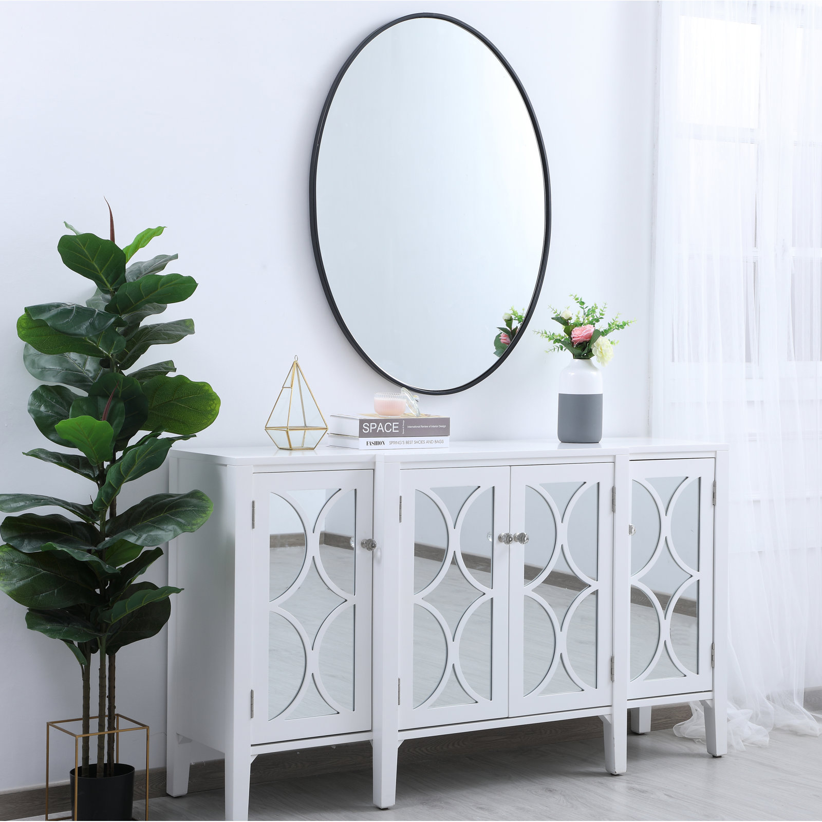 Sabine Metal Oval Wall Mirror, 24" H x 34" W, Black