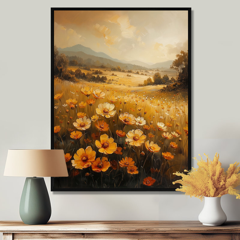 Or jaune jaune vert Sunlit Meadow II - Buttercups, art mural, Toile avec cadre flottant noir, H 20 po x l 12 po x P 1 po