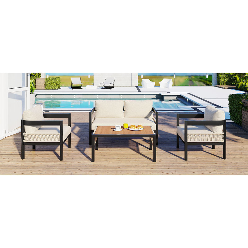 Uriel 4 Seat Steel Patio Conversation Sofa Set With Table, Beige