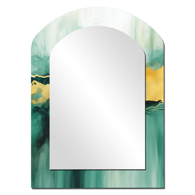 Blue Watercolor Impression with Gold IV - Fractals Arch Wall Mirror, Blue Asymmetrical Decorative Mirror, Printed Metal Art