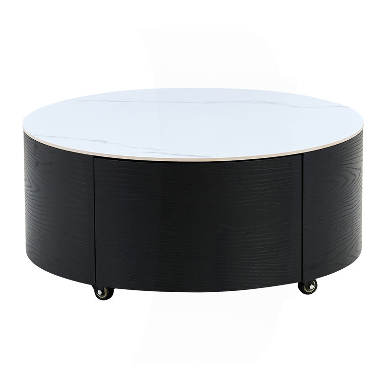 Table basse ronde moderne mobile avec roulettes, 2 tiroirs, plateau en pierre frittée à motif marbré, 29,5 po, Noir