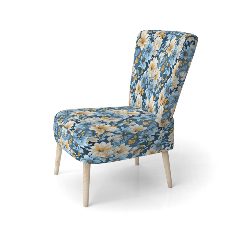 Chaise d'appoint rembourrée jaune et bleue à motif de fleurs de ferme I