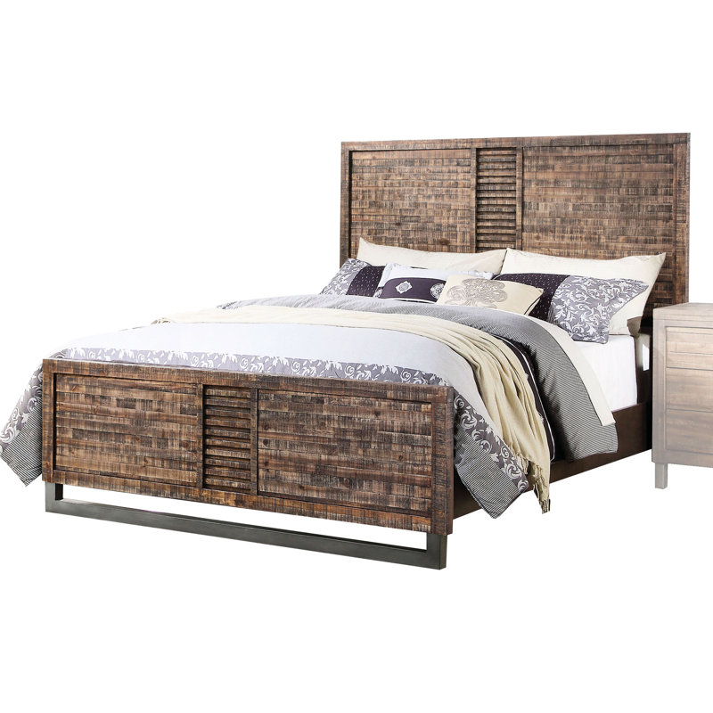 Grand lit au fini chêne récupéré, structure en bois, pieds en métal, 3 lattes, sommier requis, base basse en nickel, capacité de 660 lb, plancher de 6 po, profondeur de 87 po, largeur de 64 po, hauteur de 56 po, lit de 133 lb